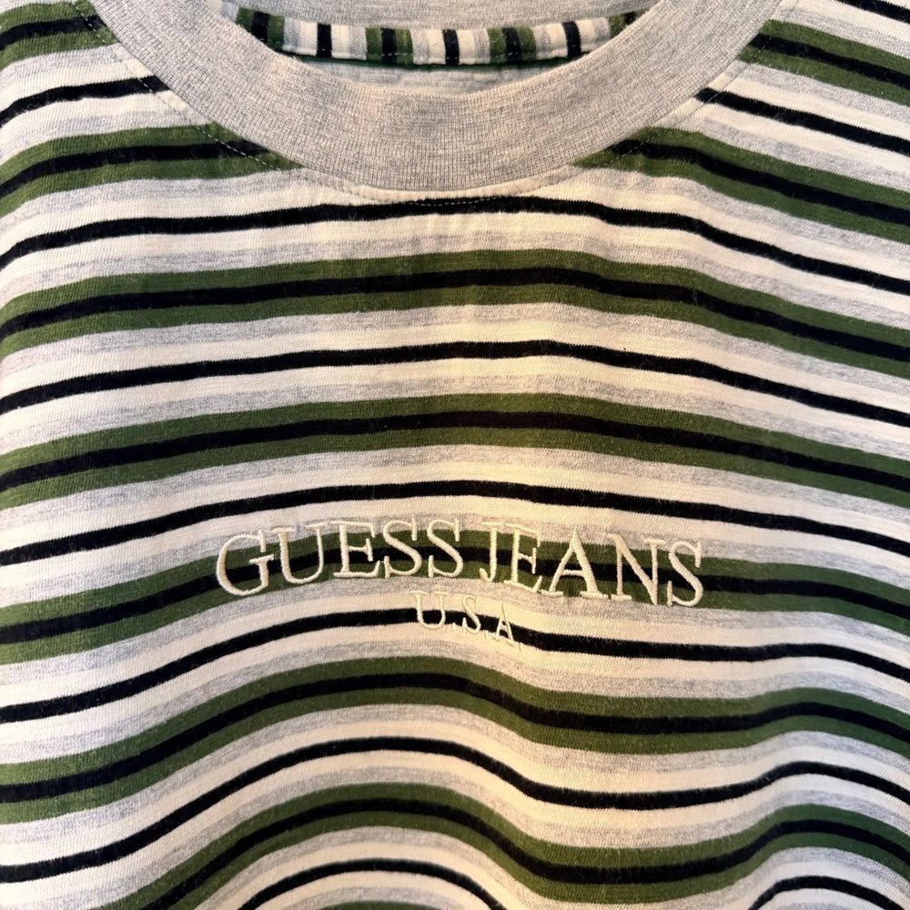 Vintage Guess Men's Multi-Stripe Tee - Black, White, Green - Picture 2 of 4
